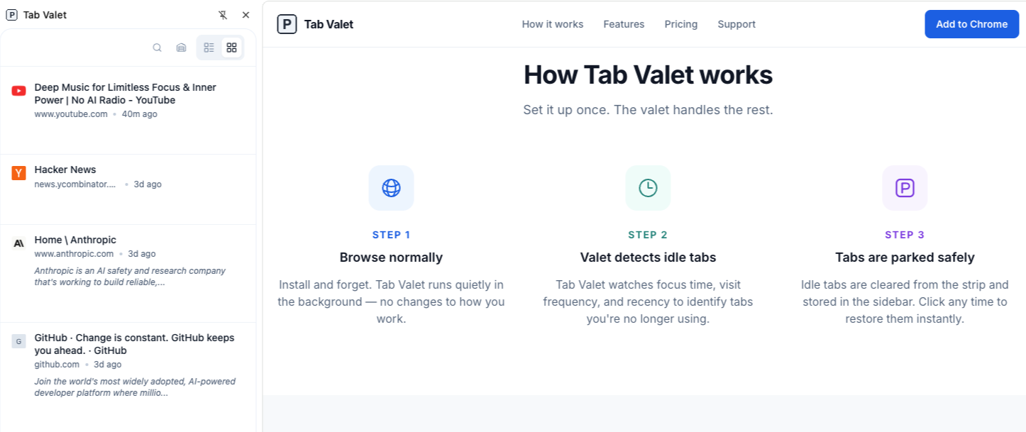 Tab Valet showing parked tabs in the Chrome sidebar alongside a browsing session